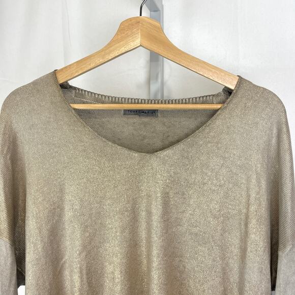 TEMPO PARIS Italy V Neck Long Sleeve Pullover Knit Top Sweater Shimmer Beige M L - Picture 3 of 8